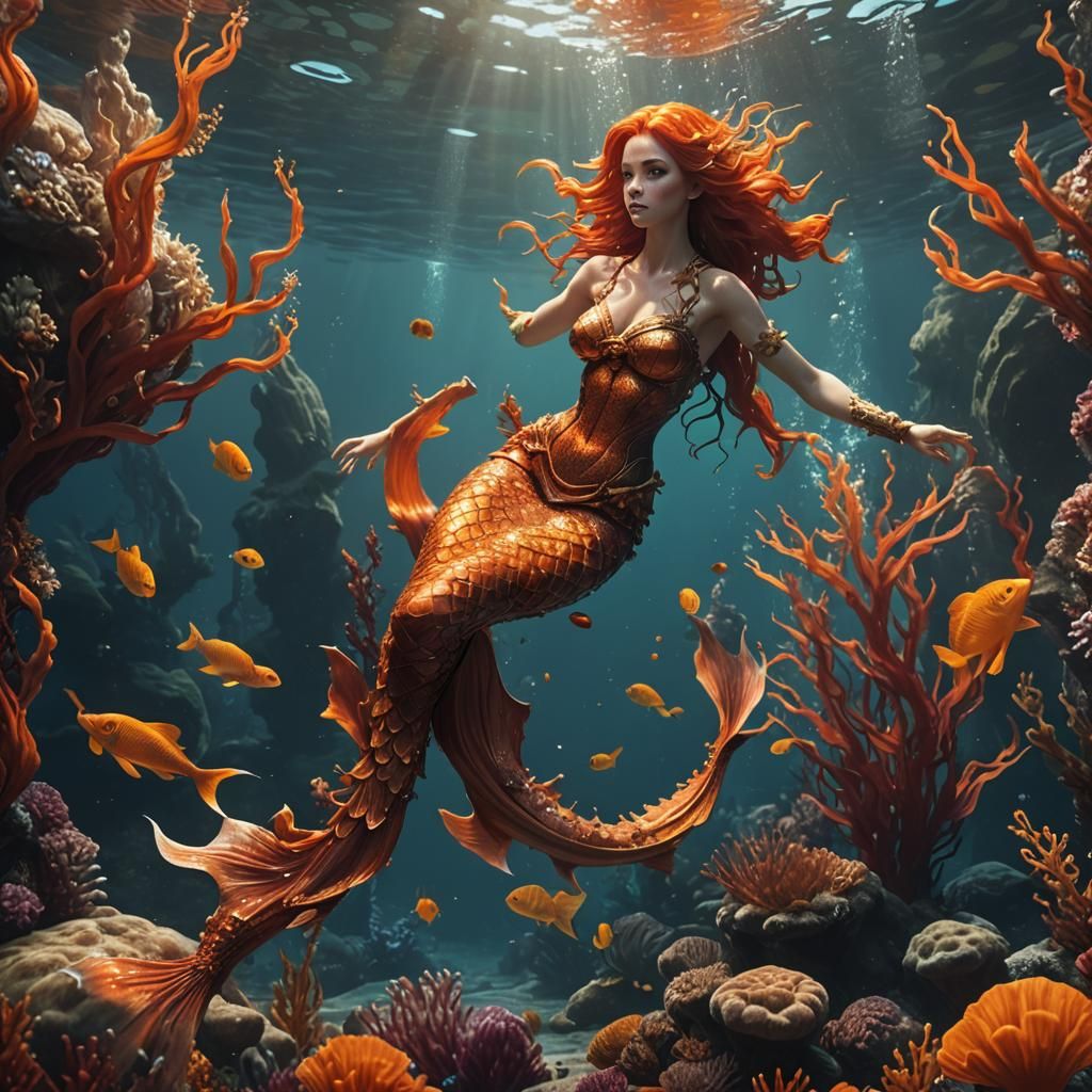 Realistic Mermaid in Orange and Red Underwater