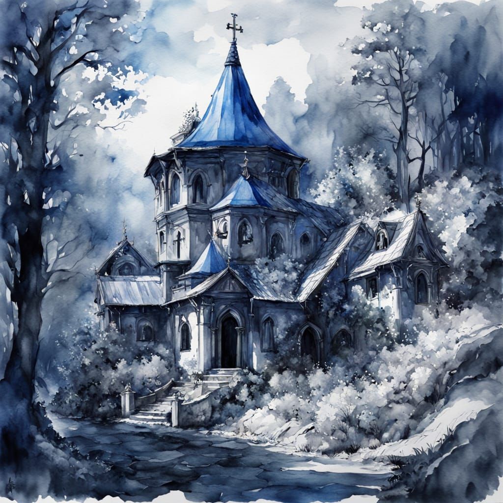Ethereal Wilderness Monastery in Whimsical Watercolour Style
