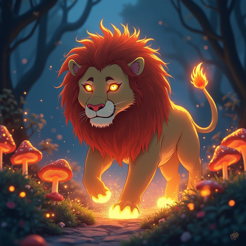 Fiery Lion in Bioluminescent Mushroom Field