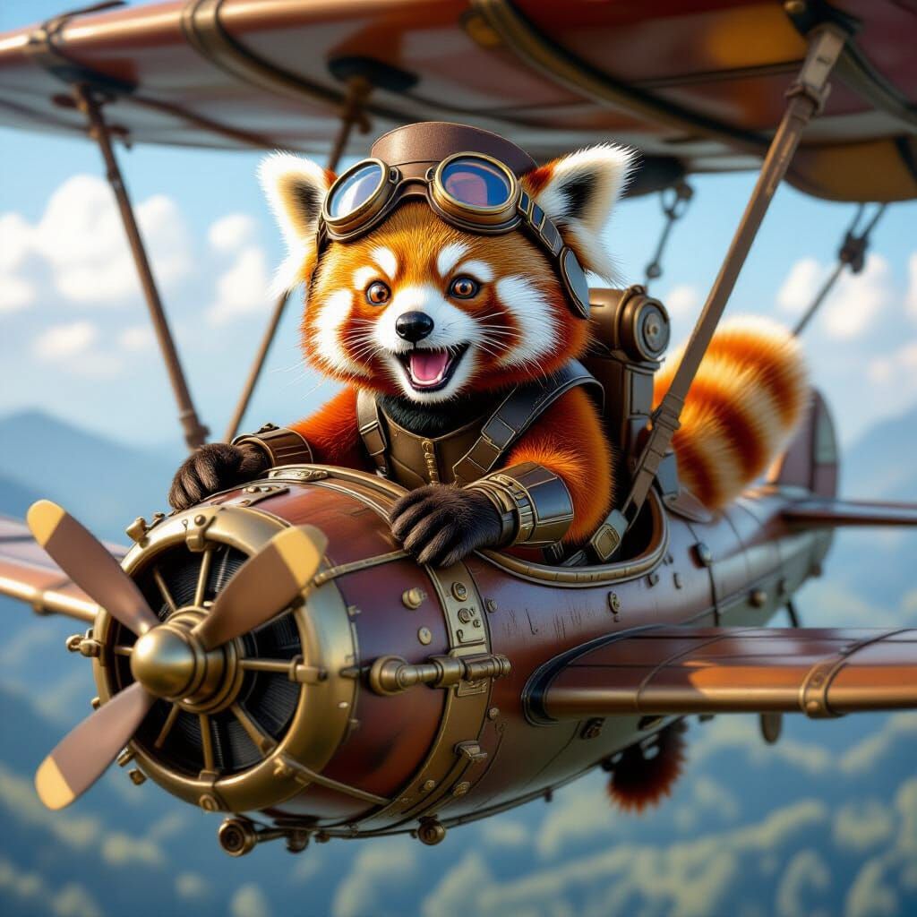 Steampunk Red Panda Pilot Takes Flight in Airship
