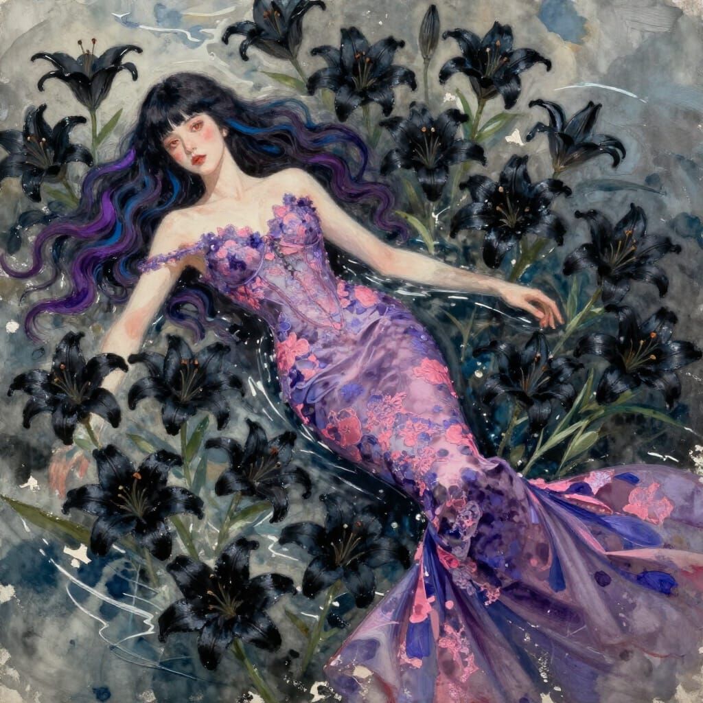 Woman in Lilies as Watercolor Masterpiece