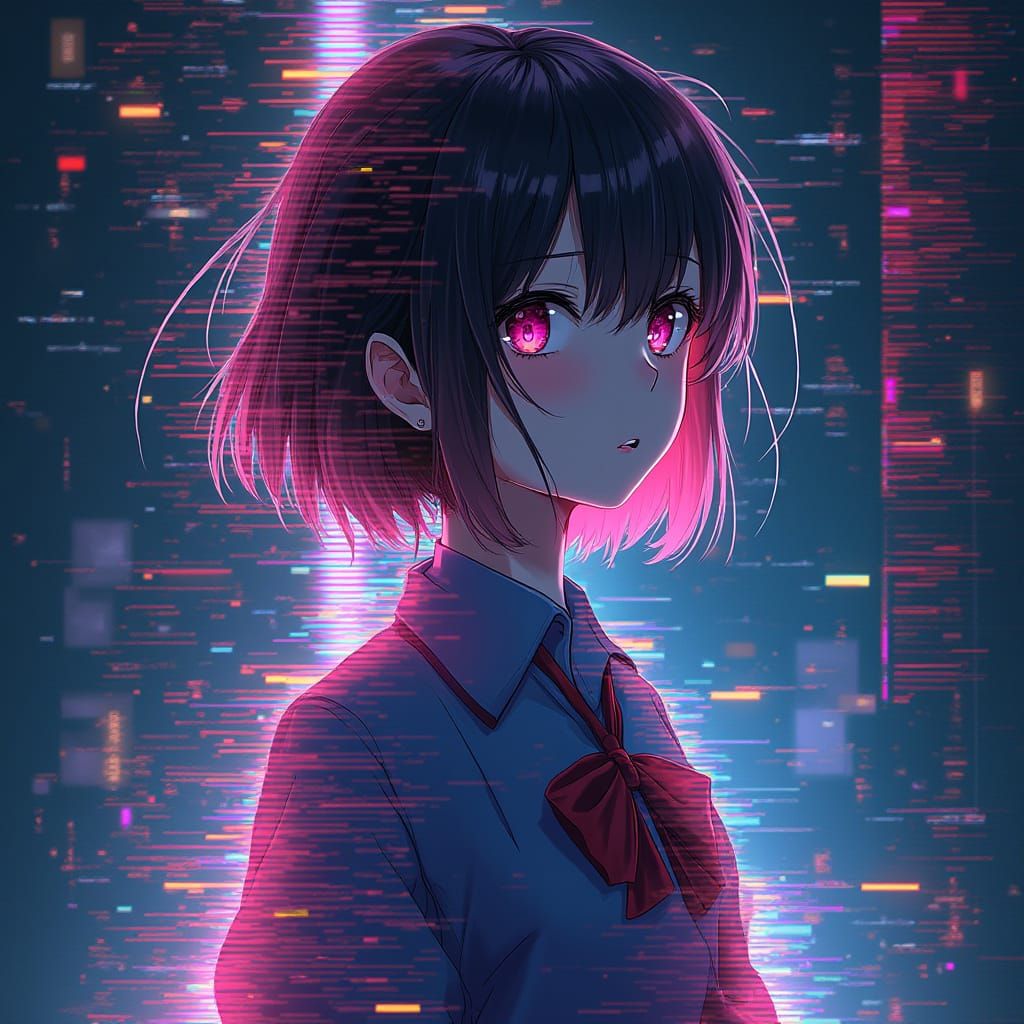 Anime Girl Fragmented by Digital Glitches