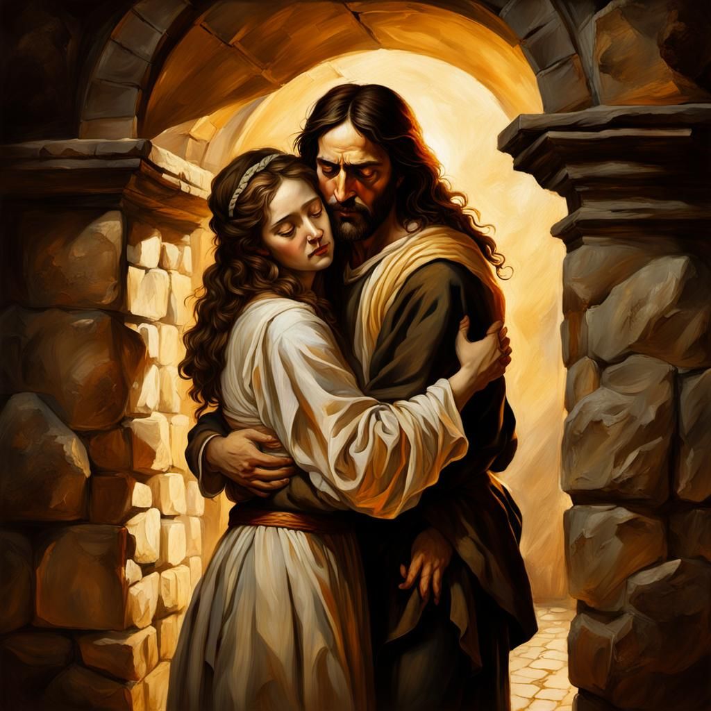 Jesus Christ Hugging Woman: Baroque Chiaroscuro Painting