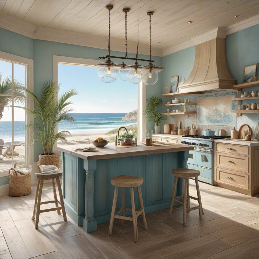 Coastal Kitchen Oasis with Whimsical Beach View