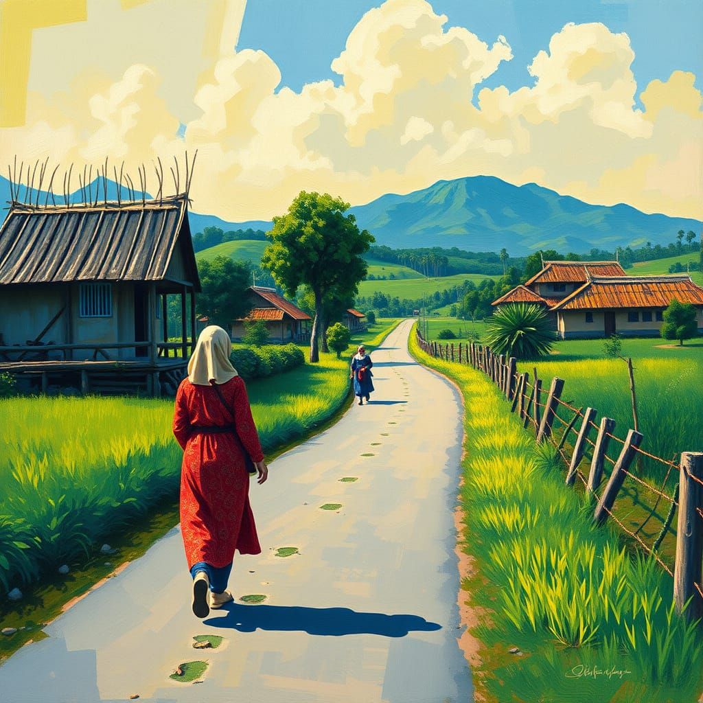Malay Woman Walks to Village: Impressionist Painting