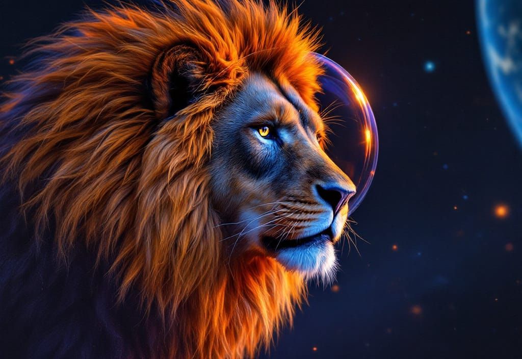 Futuristic Lion in Space with Orange Fur