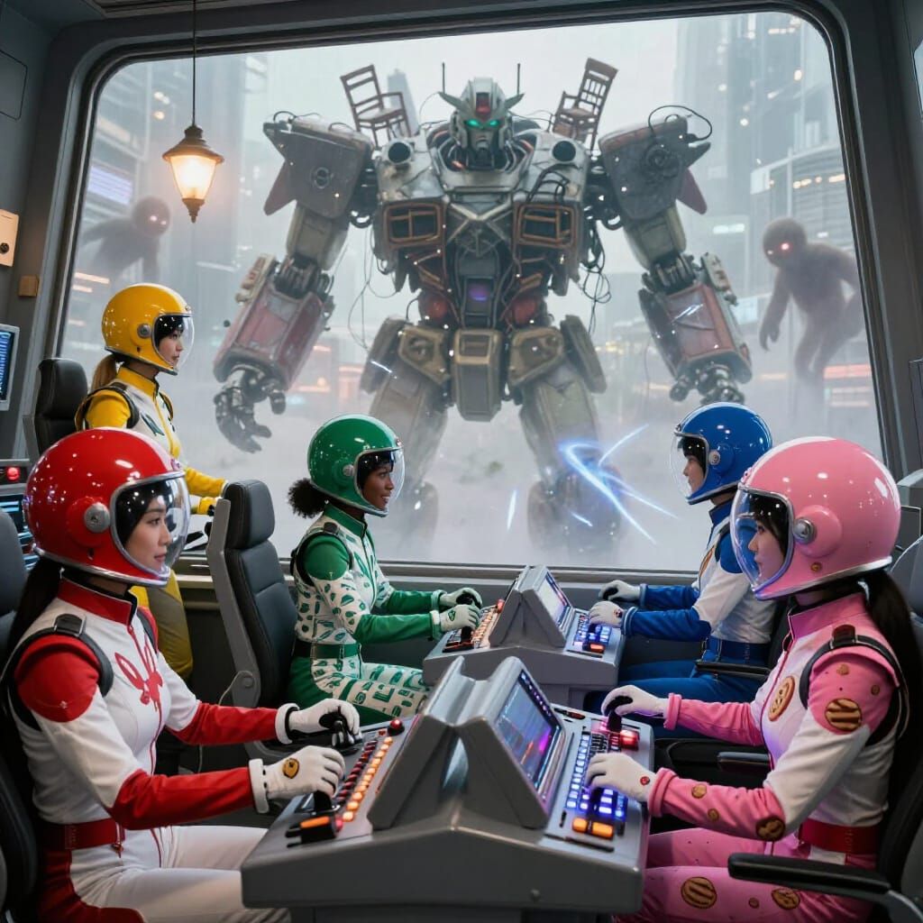 Heroes Pilot Giant Robot Over Tokyo in Bioman Style