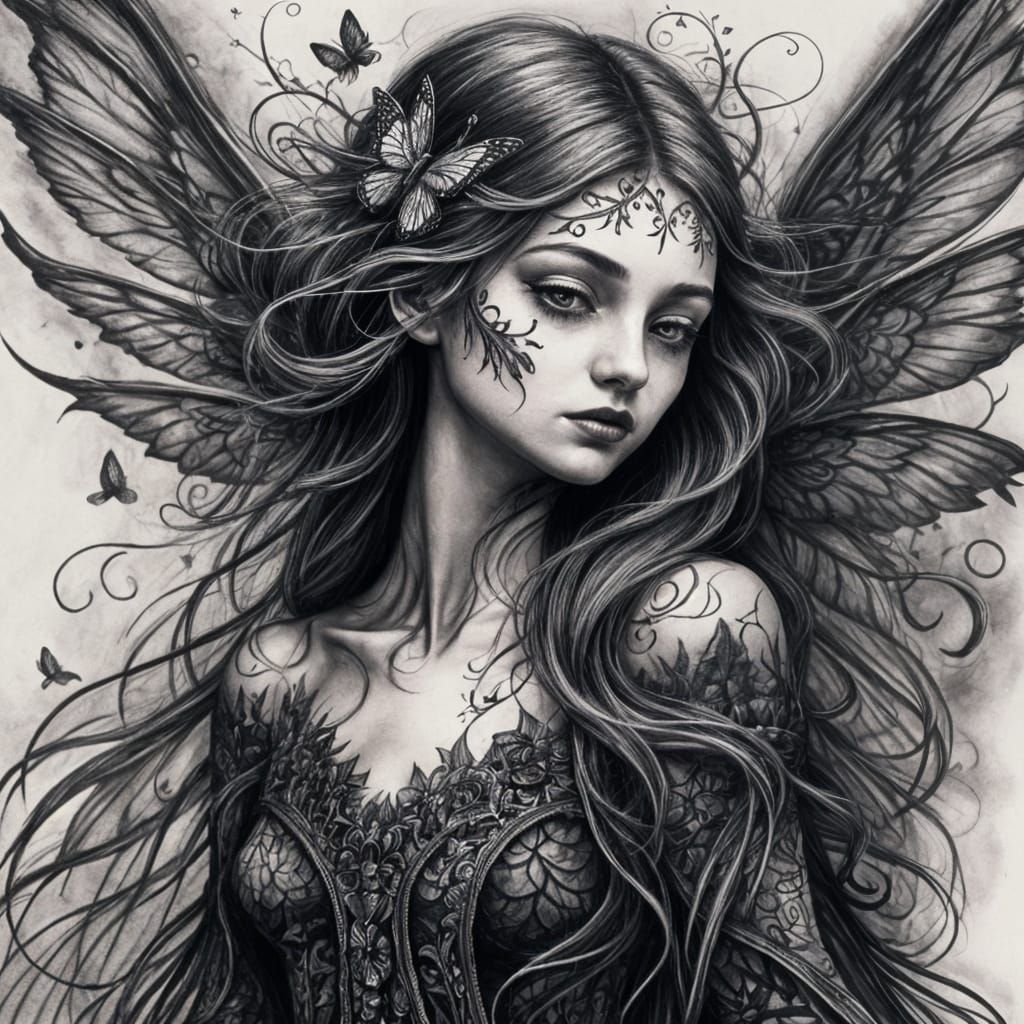 Dark Fairy in Flight: Whimsical Tattoo Art