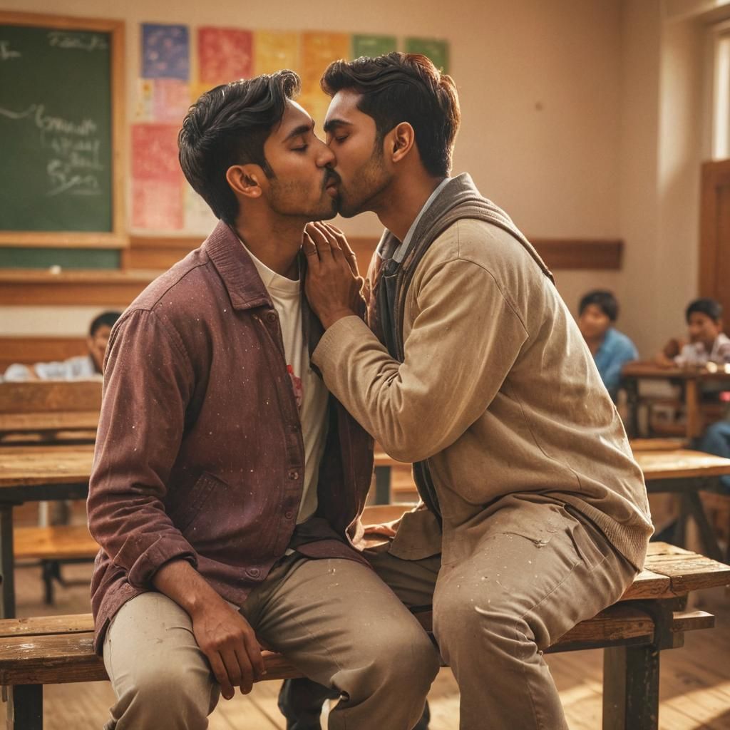 Passionate Kiss in Classroom: Hyperrealistic Splash Art