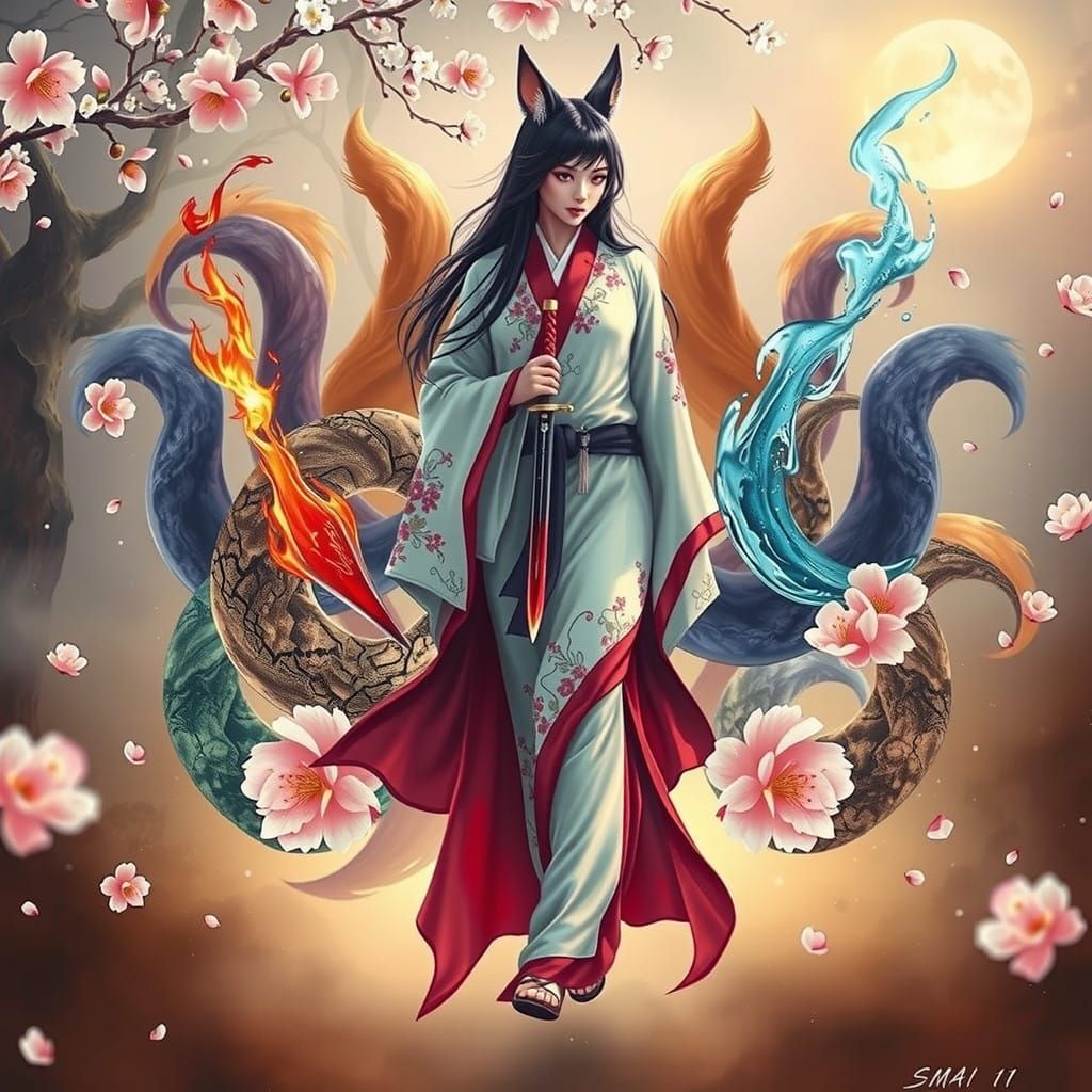 Majestic Kitsune in Cherry Blossom Forest, Moonlit, in Impre...