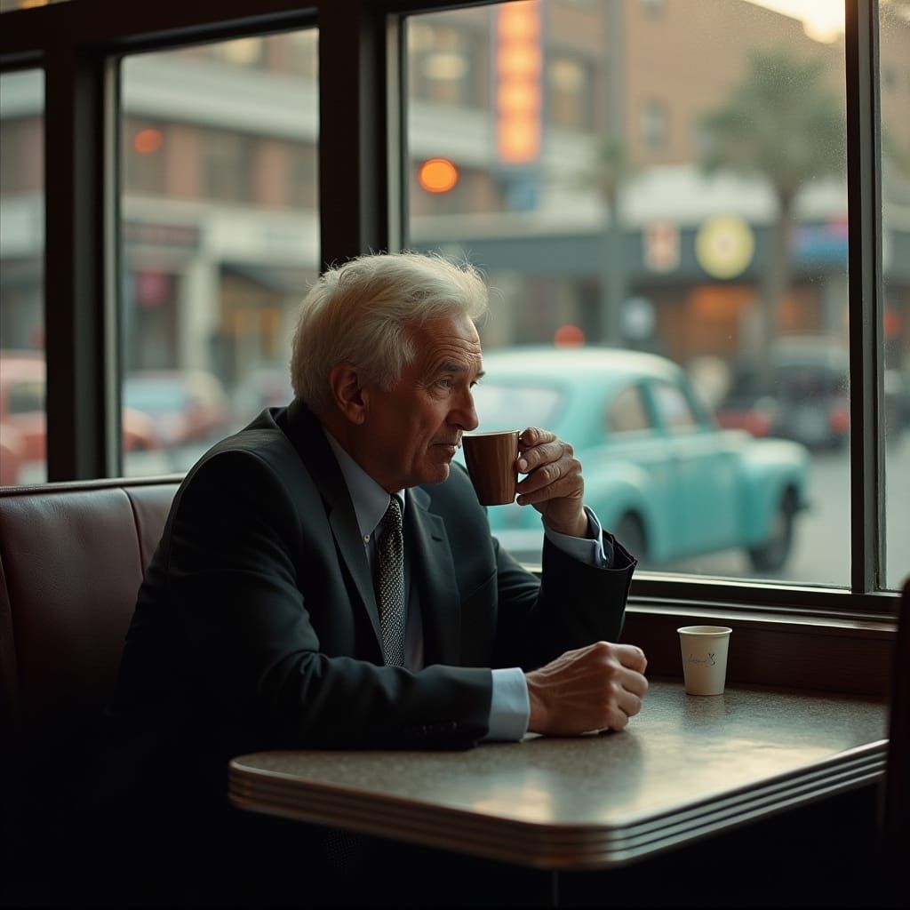 Elegant Man in City Diner, Morning Solitude