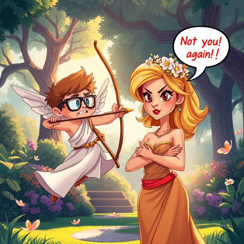 Whimsical Cupid in a Lush Park Scene, in Vibrant Cartoon Sty...