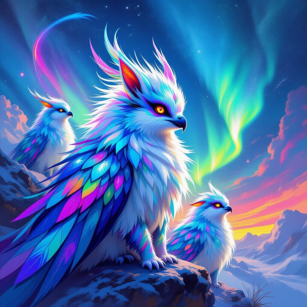 Fantastical Iridescent Creatures in Vibrant Auroras