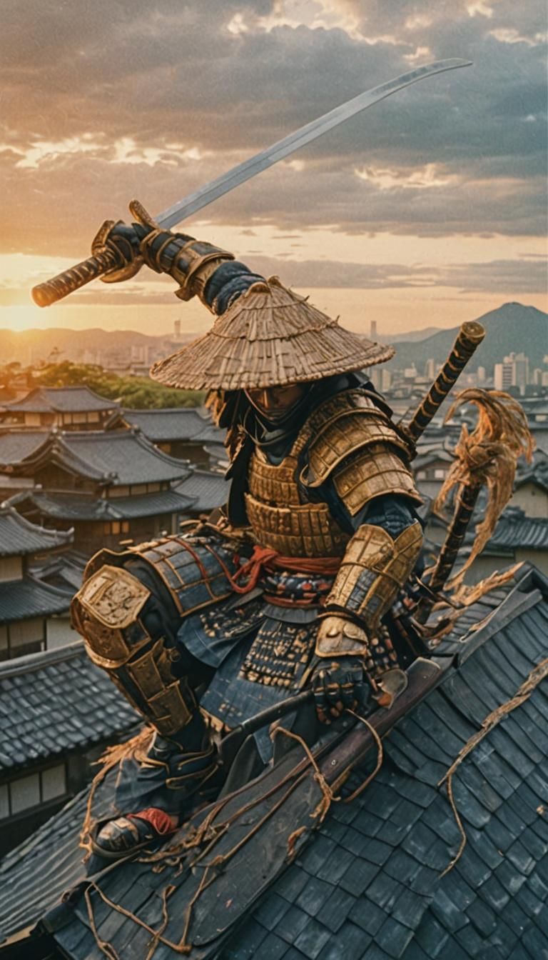 Samurai Enters Rooftop Battle at Dawn: Cinematic Film Still