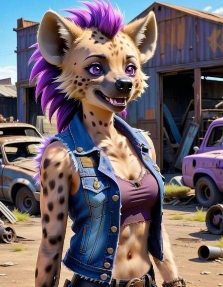 Anthropomorphic Hyena with Mohawk in Junkyard