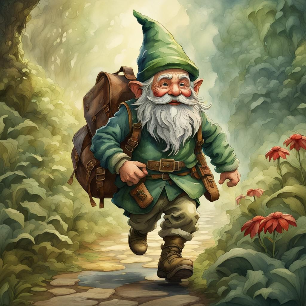 Hurry Gnome in Forest: Vintage Watercolor Painting