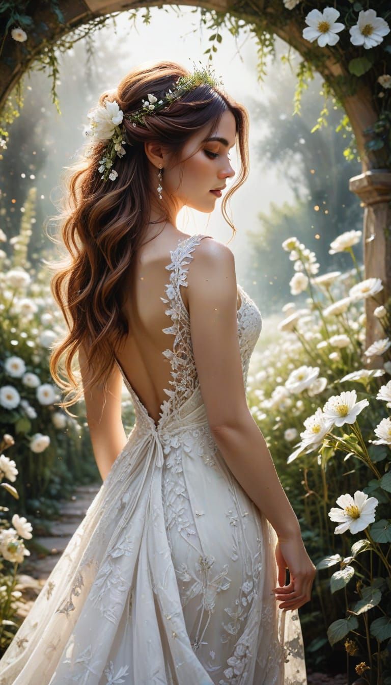 Elegant Bride in Floral Garden: Oil Painting