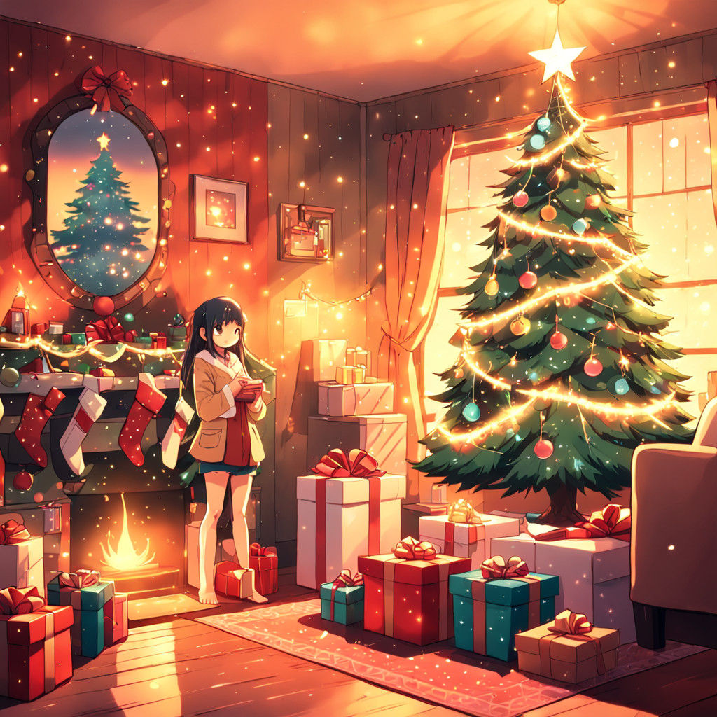 Anime-Style Christmas Tree in a Cozy Room