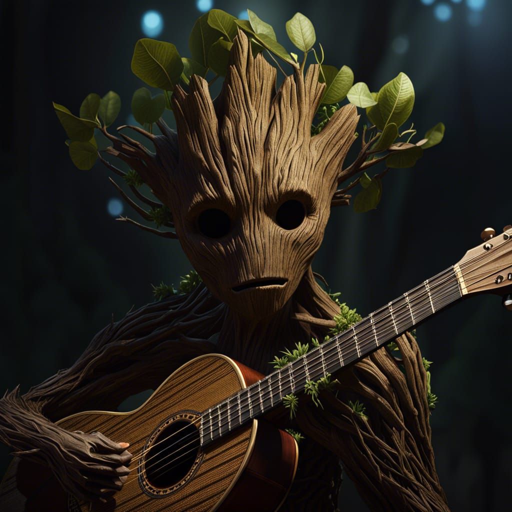 Tree Person Plays Lute: Dark Fantasy Portrait