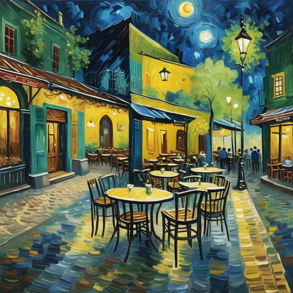 Cafe Terrace at Night: Impressionist Gouache Painting