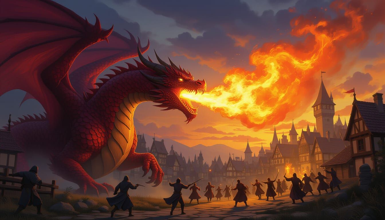 Fiery Dragon Burns Village in Dark Fantasy Art