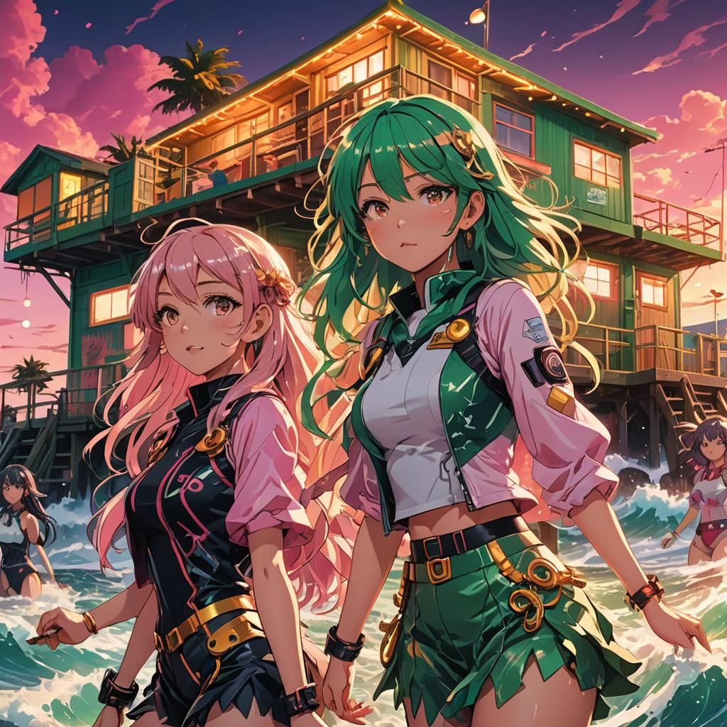 Anime Beach Girls in Fantastical Glowing Landscape