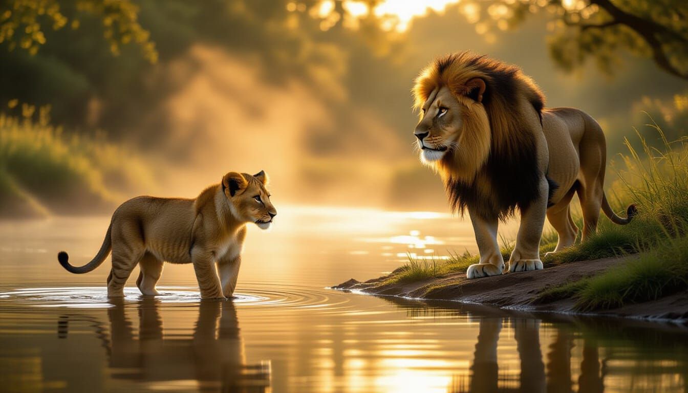 Lion Cub's Reflection: Majestic Dawn River Scene