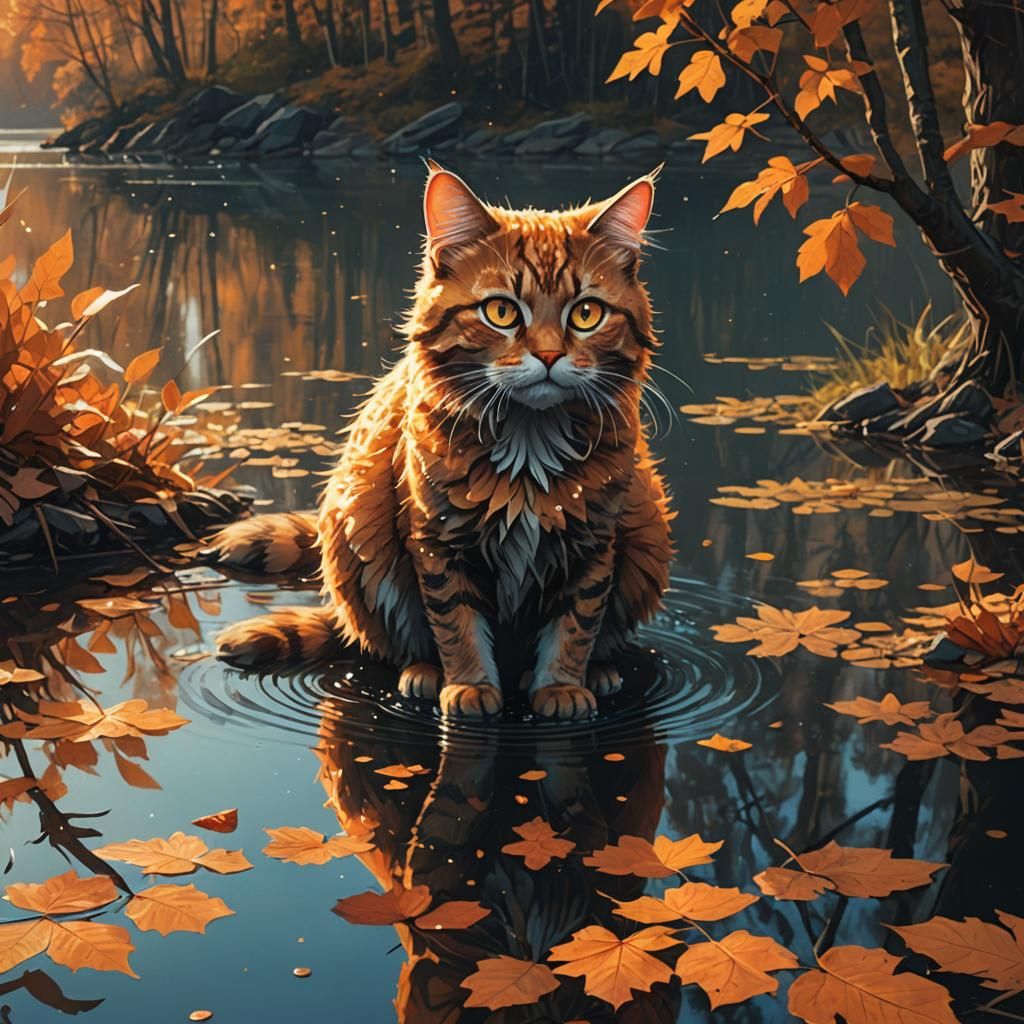 Glitter Cat Playing in Autumn Leaves