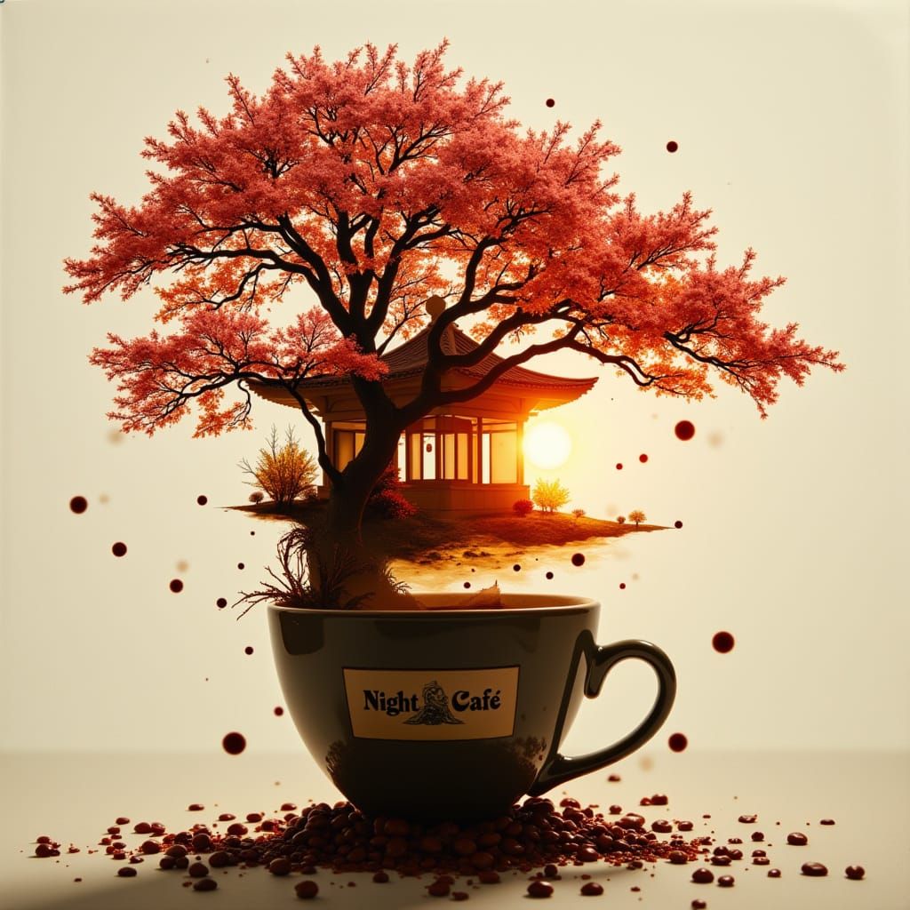 Sakura Treehouse Sunset Over Coffee Cup Illusion