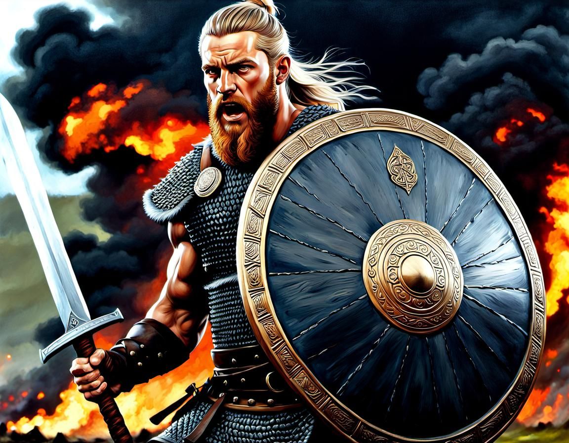 Viking Warrior with Jormungander Shield, Oil Painting