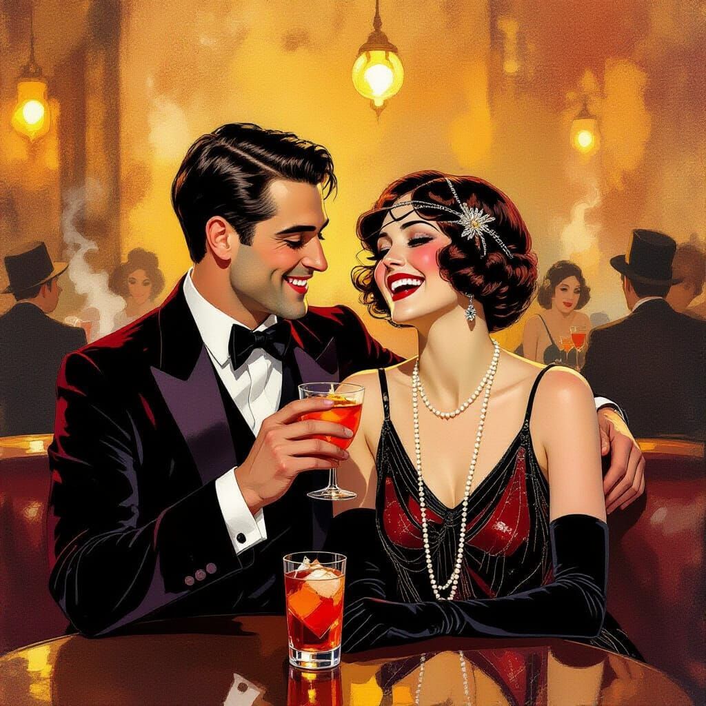 Couple in Jazz Cafe, Gouache Impasto Painting