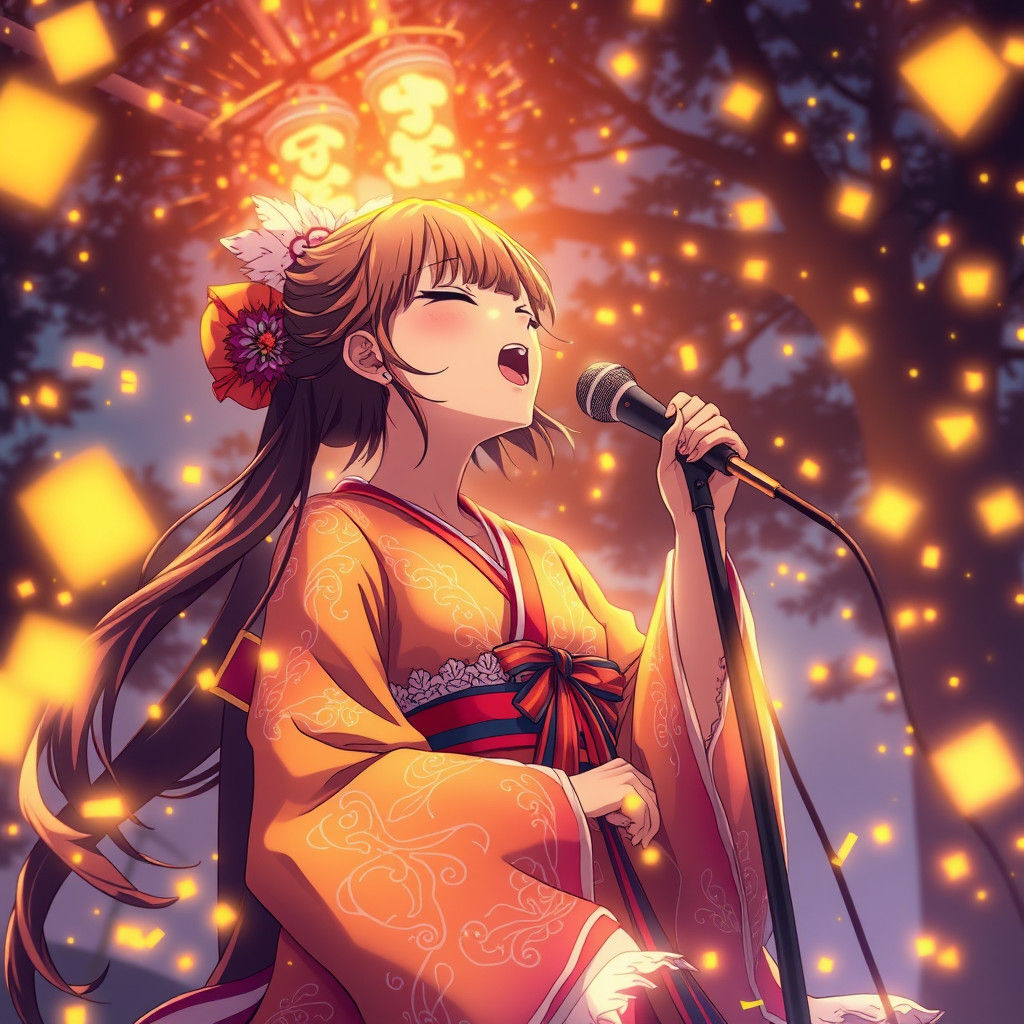Anime Singer Surrounded by Fireflies at Sunset