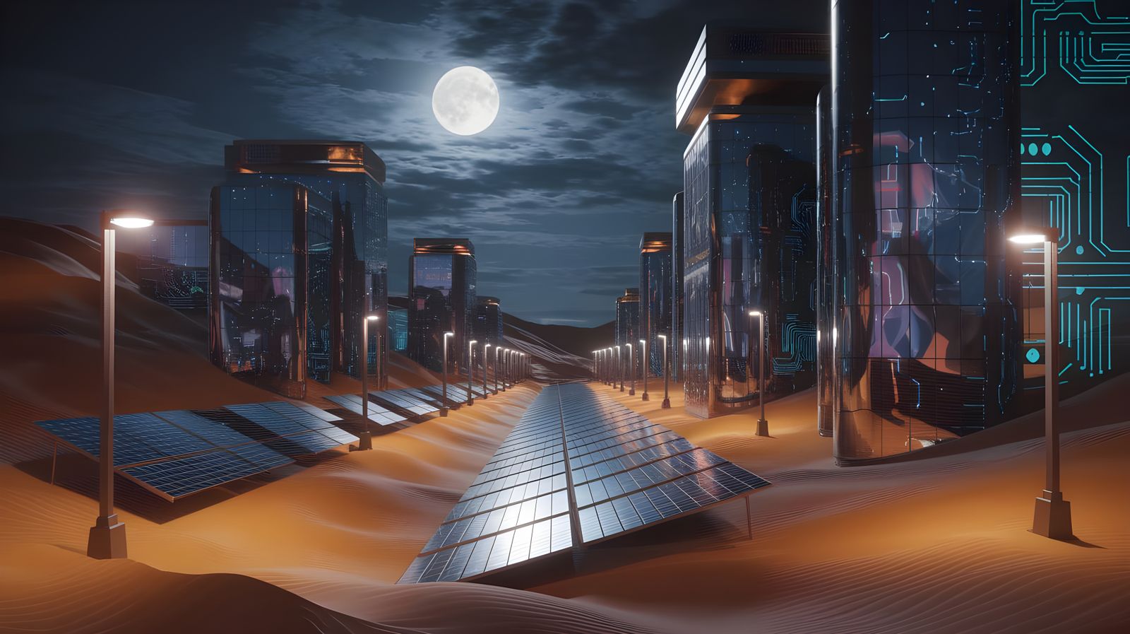 Cyberpunk Desert Metropolis Under Full Moon