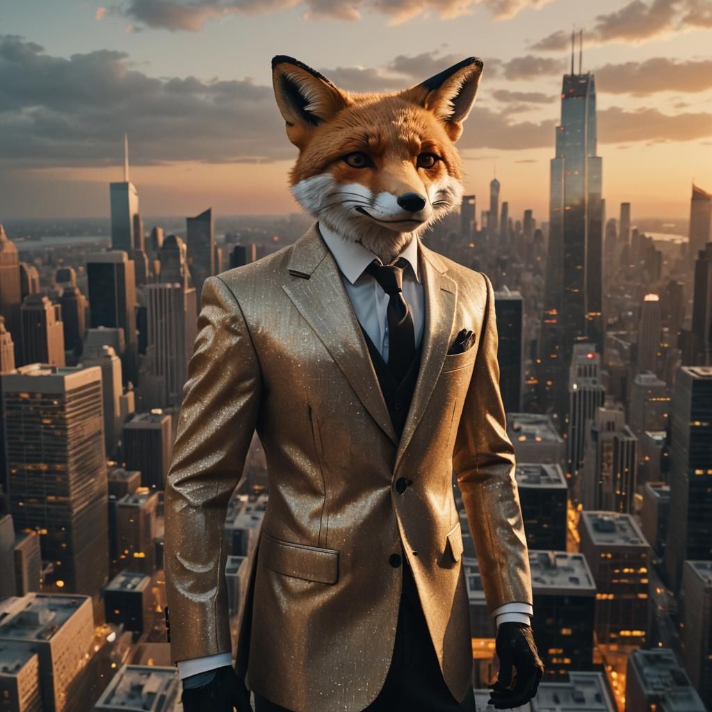 Anthropomorphic Fox in Tuxedo Against Cityscape