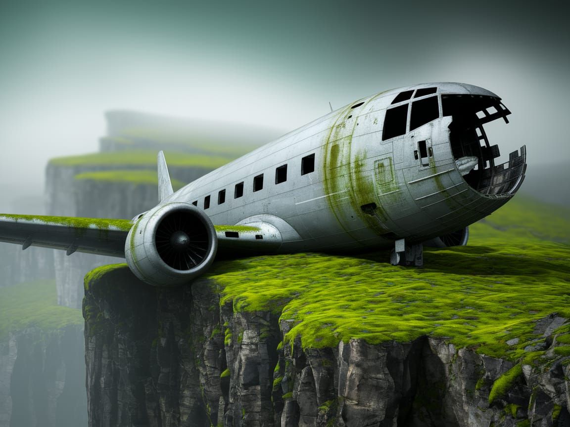 Moss-Covered Wreckage on a Fjord Cliff in Hyper-Realistic St...