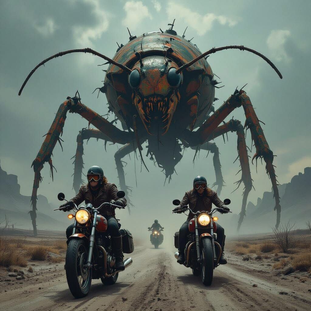 Biker Nomads Escape Giant Mutant in Wasteland