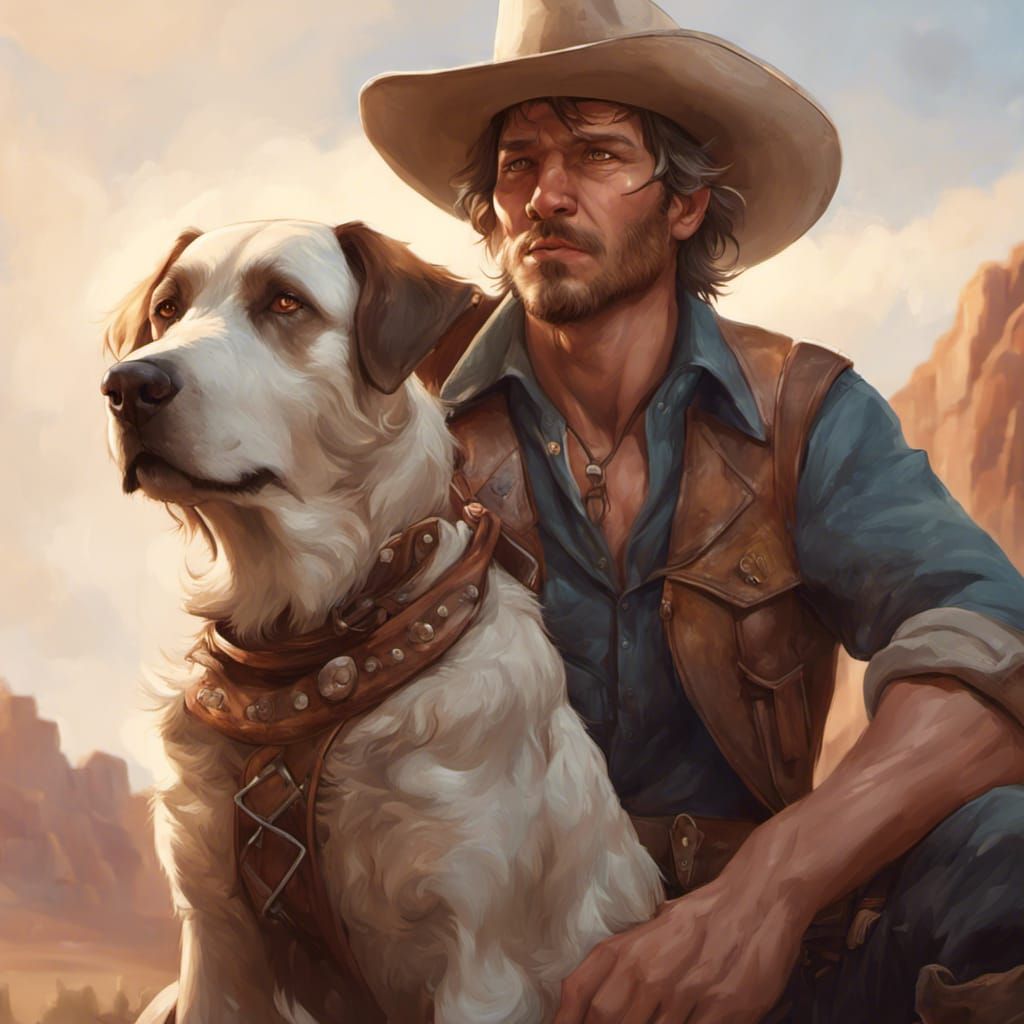 Cowboy and Dog Portrait in Hyperdetailed Style