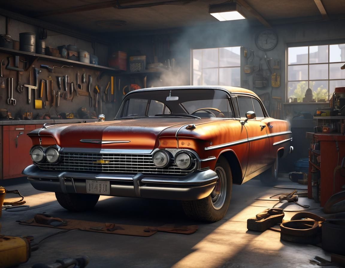 Cat Mechanic Working on Impala in Garage