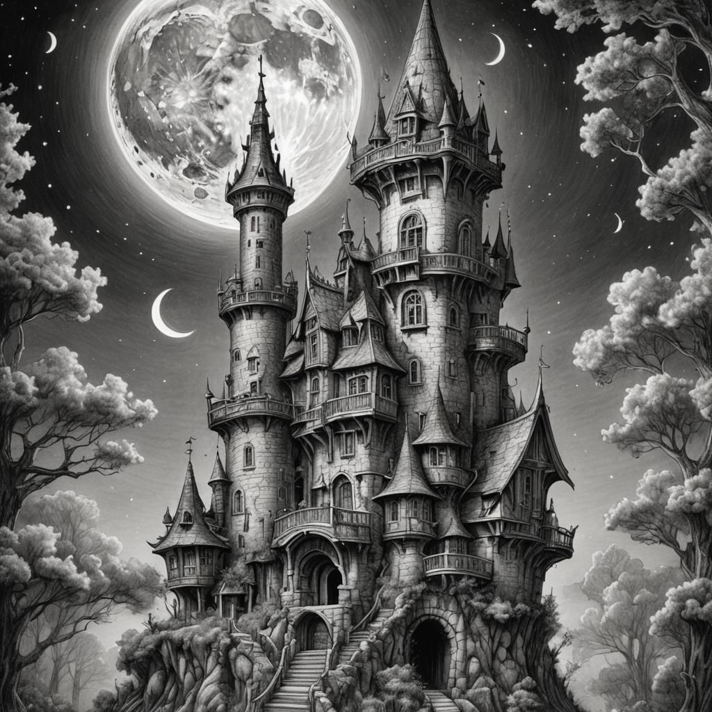 Detailed Pencil Sketch of Fairy Tower Under Moon