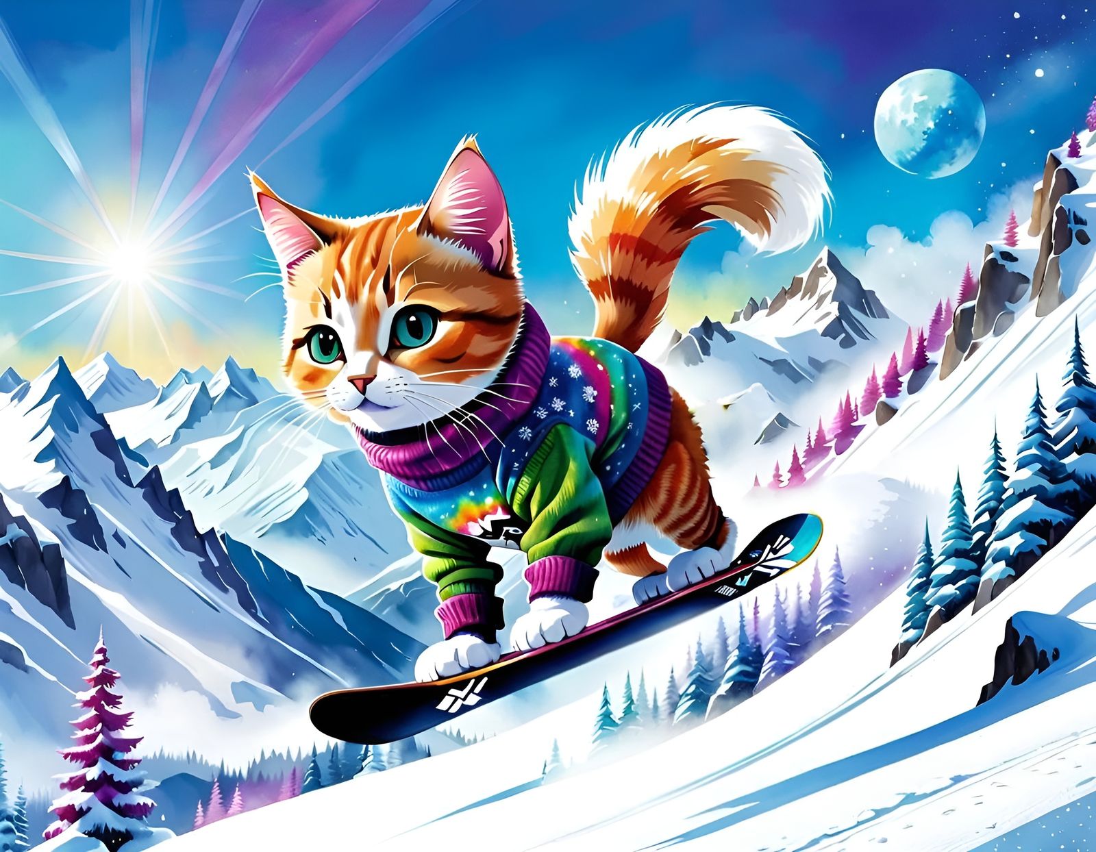 Sporty Cat Snowboarding in Watercolor Style