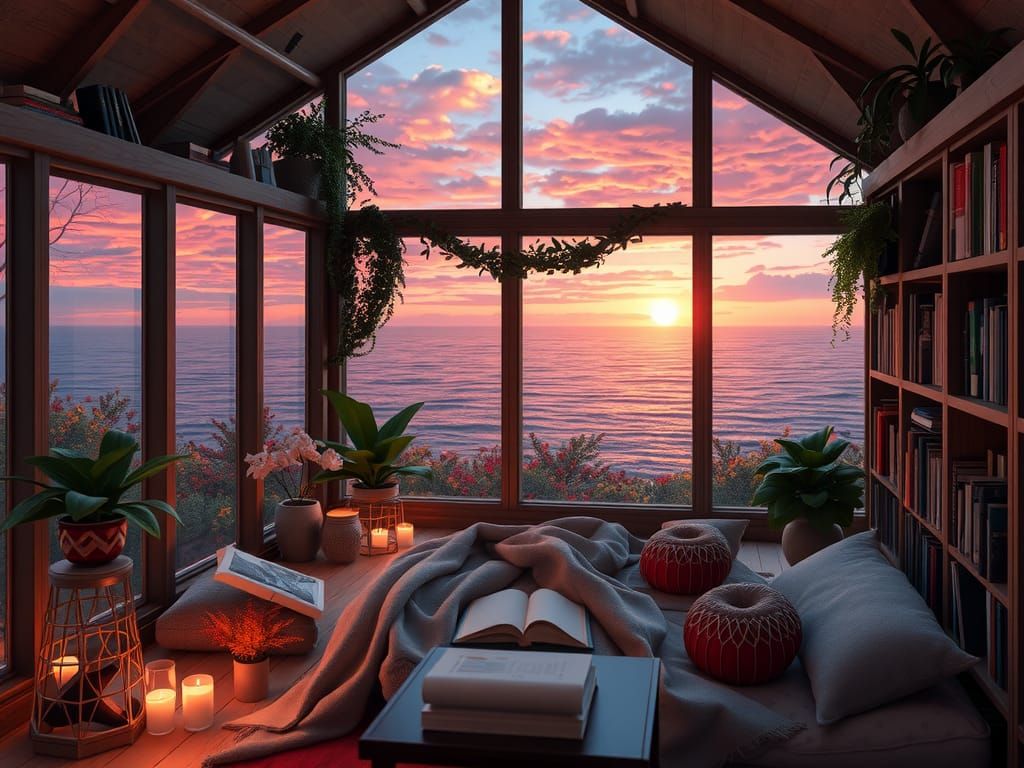 Ocean View Autumn Reading Nook in 3D Anime Art