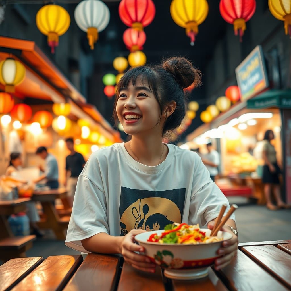 Japanese Girl Laughing at Night Market