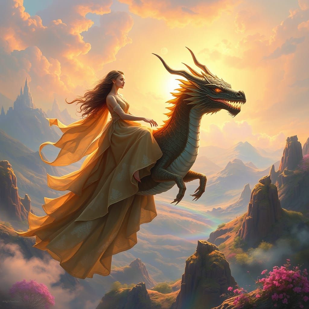 Surreal Fantasy Dragon Rider in a Dreamlike Landscape