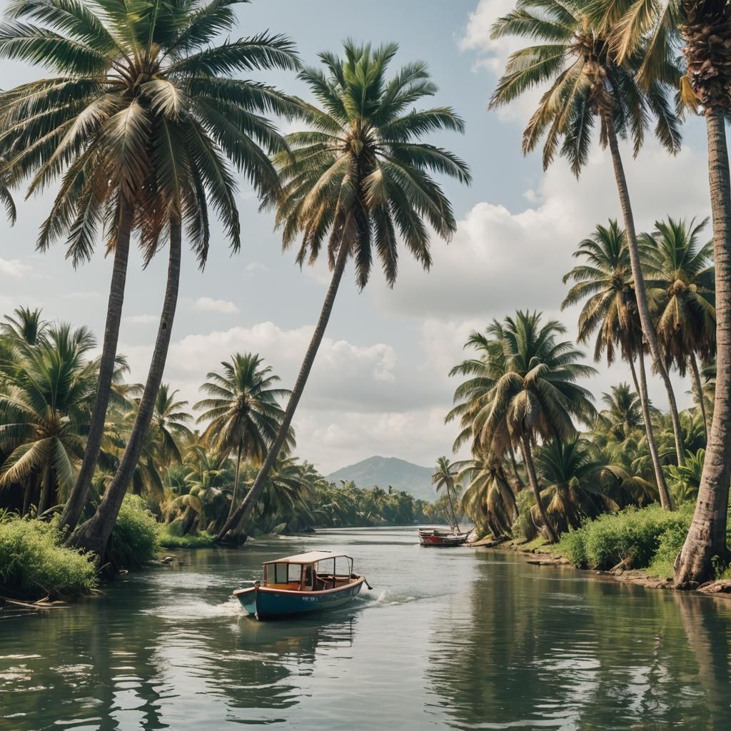 Tropical River Boat Ride Under Palm Trees