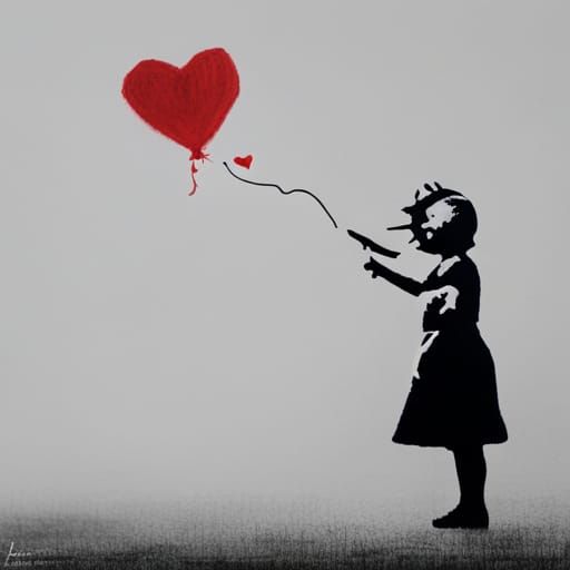 Girl with Heart Balloon in Street Art Style