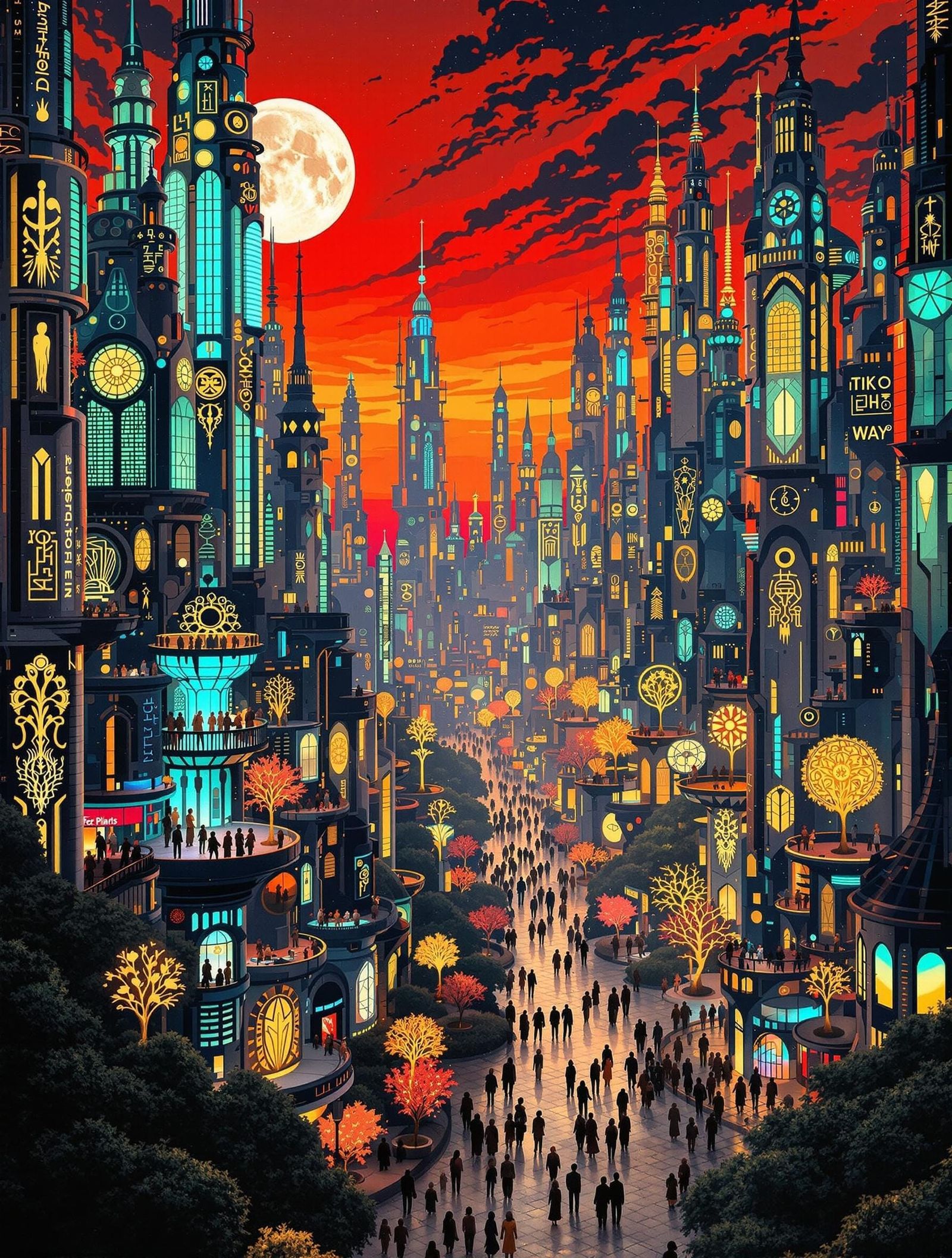 Gustav Klimt-Inspired Futuristic Cityscape at Sunset