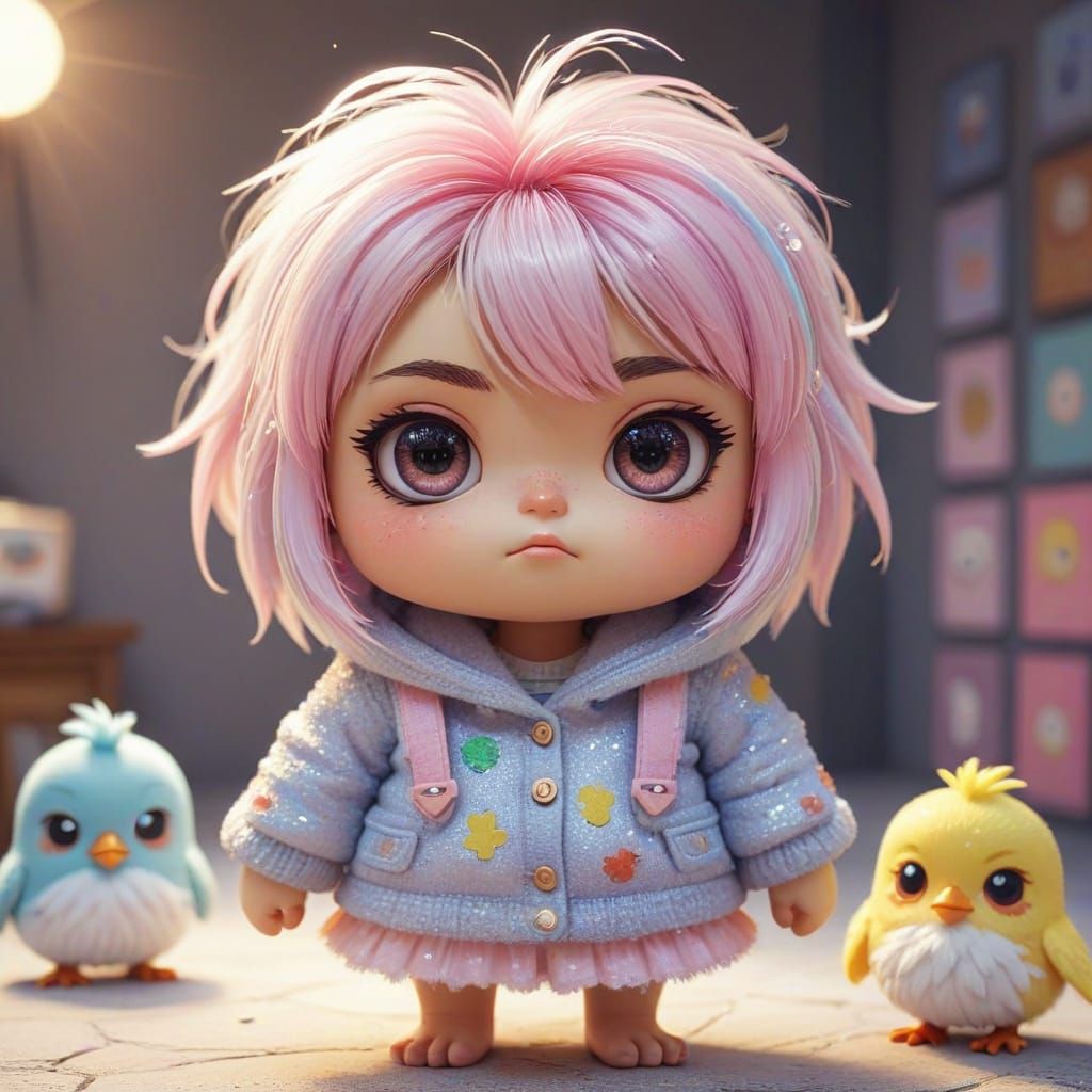 Grumpy chick wearing an awkward outfit glares at her chibi a...