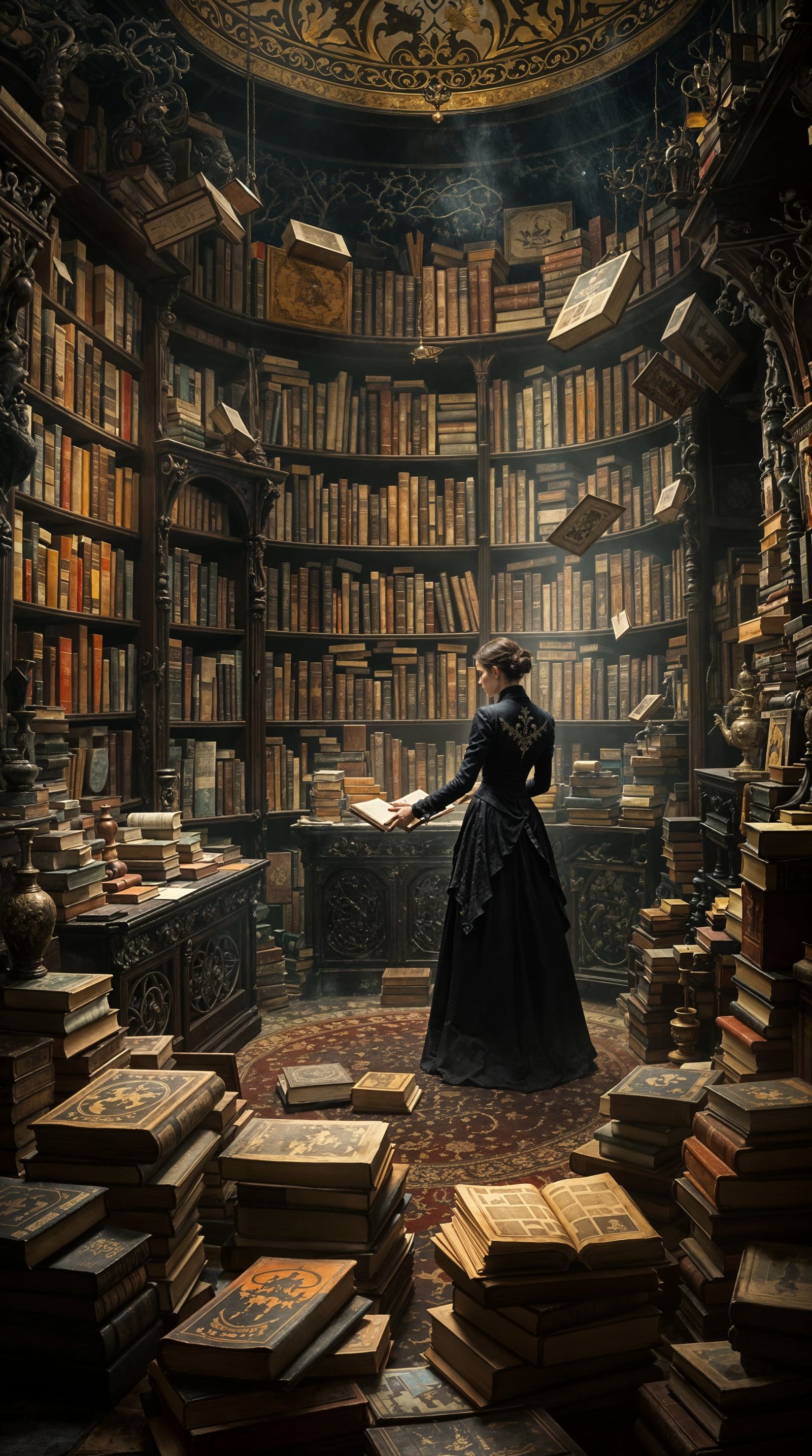 Elegant Bookshop Portrait with Subtle Surrealism