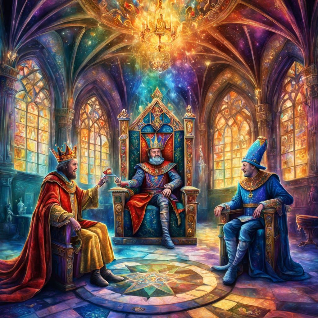 Jester Entertains King in Medieval Throne Room