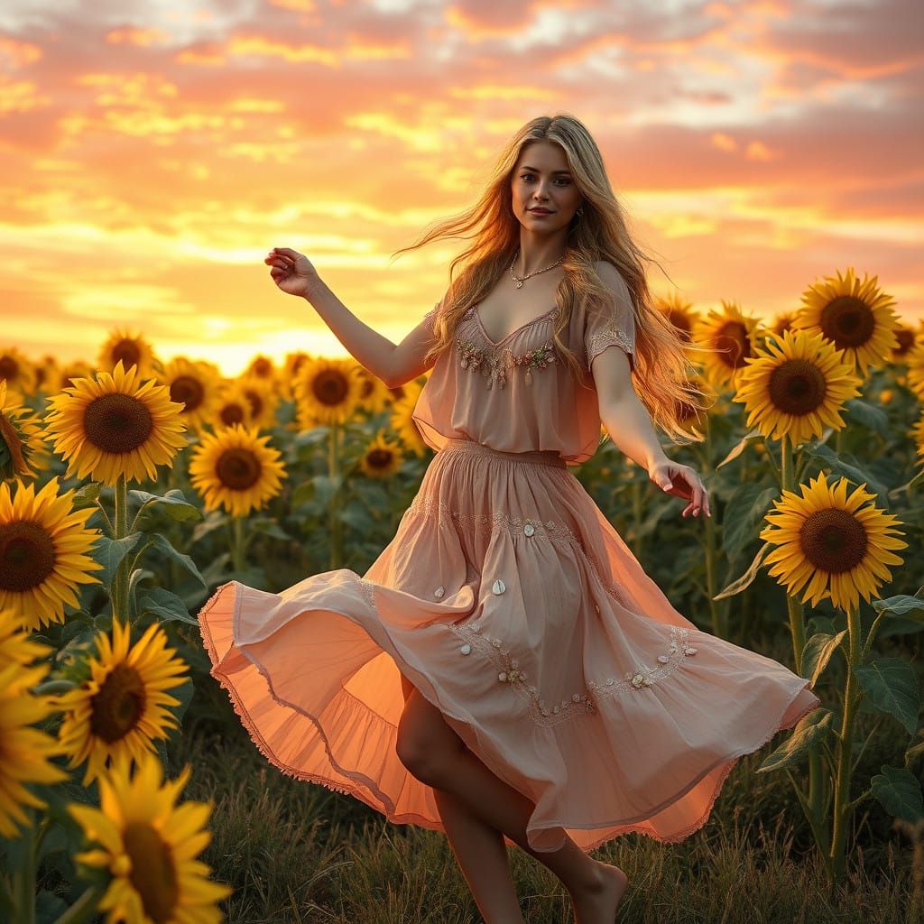 Surreal Bohemian Goddess Amidst Vibrant Sunflowers
